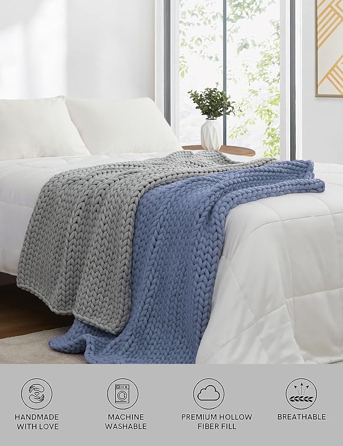 YnM Chunky Throw Blanket, Medium-Weight, Hand Knitted, Skin Friendly, Ventilated and Breathable, Machine Washable, Home Décor Piece for Couch, Sofa and Bed (Cerulean Blue, 60x80 Inch)-Ruum Studio Home