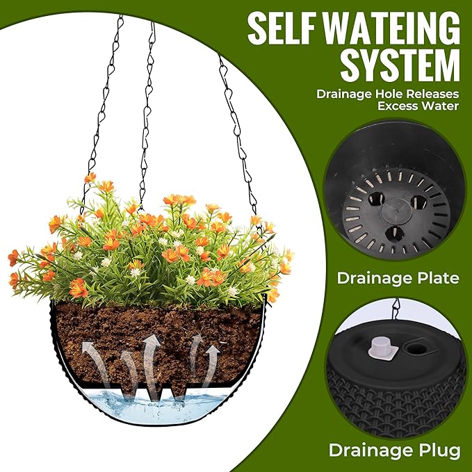 Hanging Baskets for Plants Outdoor - 2 Pack Black Plastic Solar Flower Pots with Drainage Holes & Removable Saucer, Self-Watering Hanging Planters for Garden, Porch, Balcony, Patio-Ruum Studio Home
