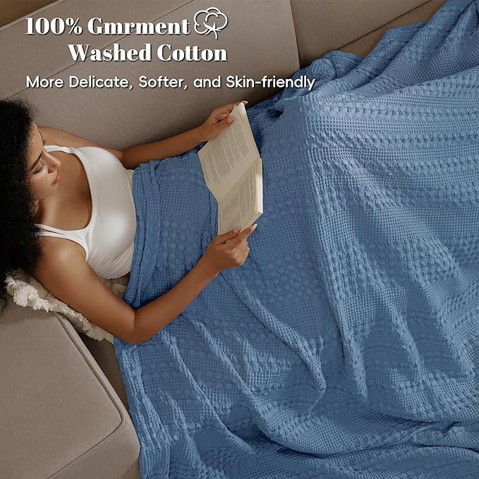 PHF 100% Cotton Waffle Weave Blanket Queen Size, Soft Lightweight Breathable Cozy Summer Blankets for Bed, Luxury Aesthetic Woven Bedding for Home Decor, 90"x90", Captain's Blue-Ruum Studio Home