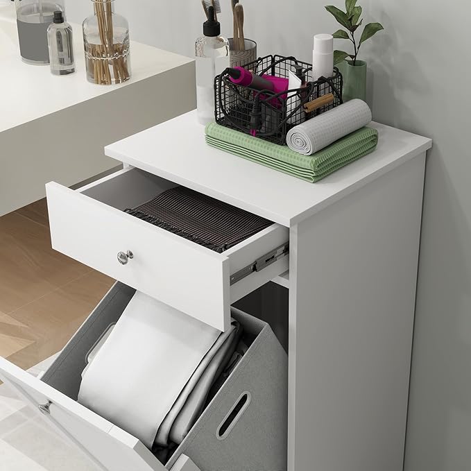 HOMCOM Laundry Hamper with Removable Basket, Tilt Out Hamper with Drawer and Beadboard Door, Bathroom Storage Cabinet, White-Ruum Studio Home