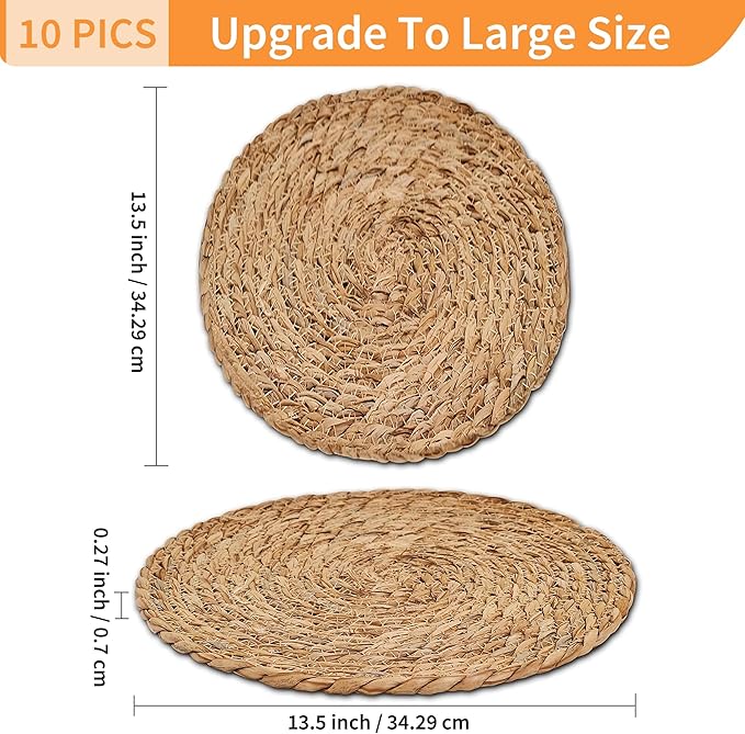 Defined Deco Woven Placemats Set of 10,13.5" Round Rattan Placemats,Farmhouse Weave Rustic Braided Wicker Table Mats for Dining Table Home Wedding-Ruum Studio Home