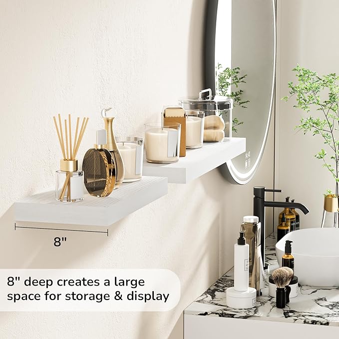 Fun Memories 16 Inch Floating Shelves - Deep Rustic White Wooden Wall Shelves - Extra Deeper & Thicker Wall Mounted Storage Shelf for Bedroom, Kitchen, Farmhouse - 2 Pack, Rustic White-Ruum Studio Home
