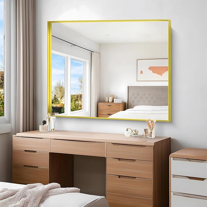 Gold Bathroom Mirror, 40x48 Inch Rectangular Framed Mirror, Large Wall Mounted Bathroom Vanity Mirror Over Sink for Bedroom,Restroom, Living Room, Hangs Vertically or Horizontally-Ruum Studio Home