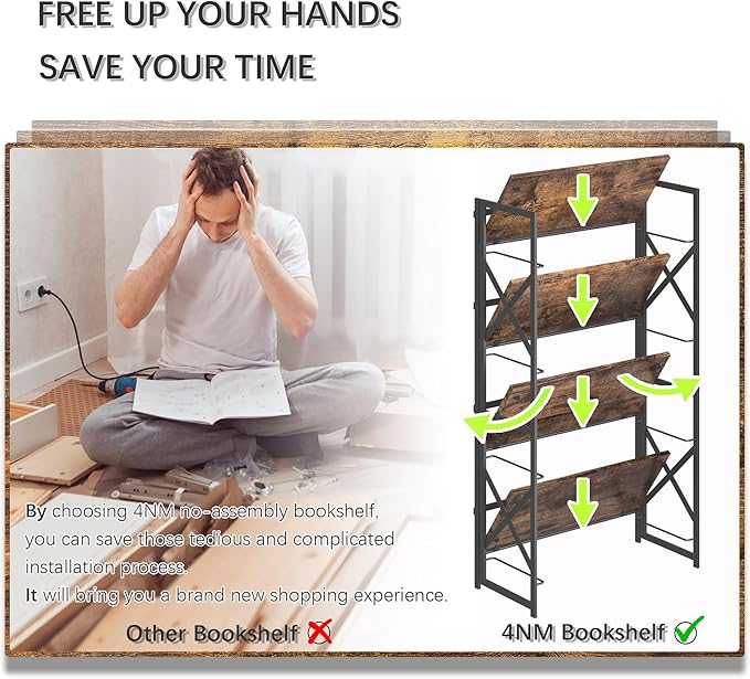 4NM 4 Tiers No Assembly Book Shelves, 41.3" H Folding Bookshelf Bookcase Open Industrial Foldable Shelves for Bedroom, Living Room, Home Office - Rustic Brown Black-Ruum Studio Home