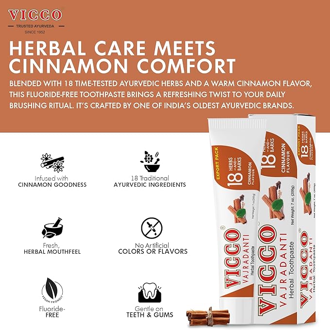 Vicco Vajradanti Ayurvedic Herbal Toothpaste by Vicco – 70 Year Legacy of Ayurveda, Cinnamon Flavour, with 18 Ayurvedic Herbs & Barks, 100% Natural, Vegan, Fluoride-Free & Cruelty-Free – 7 oz (1 Pack)-Ruum Studio Home