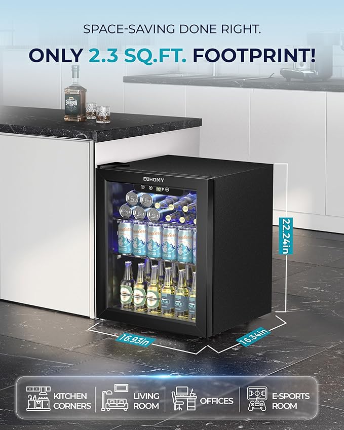 EUHOMY Beverage Refrigerator Cooler - 68 Can Mini Fridge with Glass Door for Soda, Beer, Wine, Small Refrigerator with Digital Temperature Control and Adjustable Shelves for Home Office Bar, 1.7 Cu.ft-Ruum Studio Home