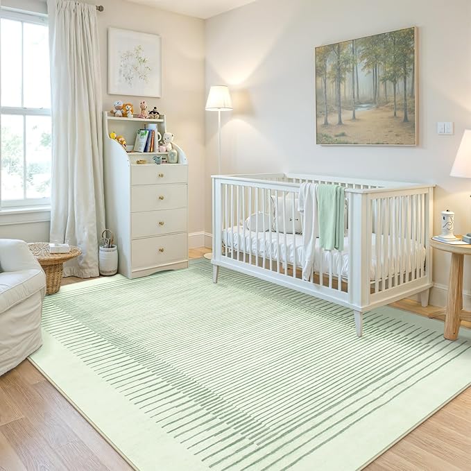 Wonnitar Washable Striped 5x7 Living Room Area Rug, Non-Slip Green Berber Stripe Rugs for Bedroom, Low Pile Soft Minimalist Floor Carpets for Kids Nursery Room Dining Room (Green,5' x 7')-Ruum Studio Home
