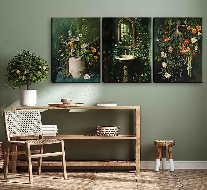 3Pcs Framed Vintage Dark Green Bathroom Wall Art Shower Toilet Paper Roll Floral Poster Print Modern Farmhouse plants Painting Picture Wall Decor For Bathroom Living Room Decoration-Ruum Studio Home