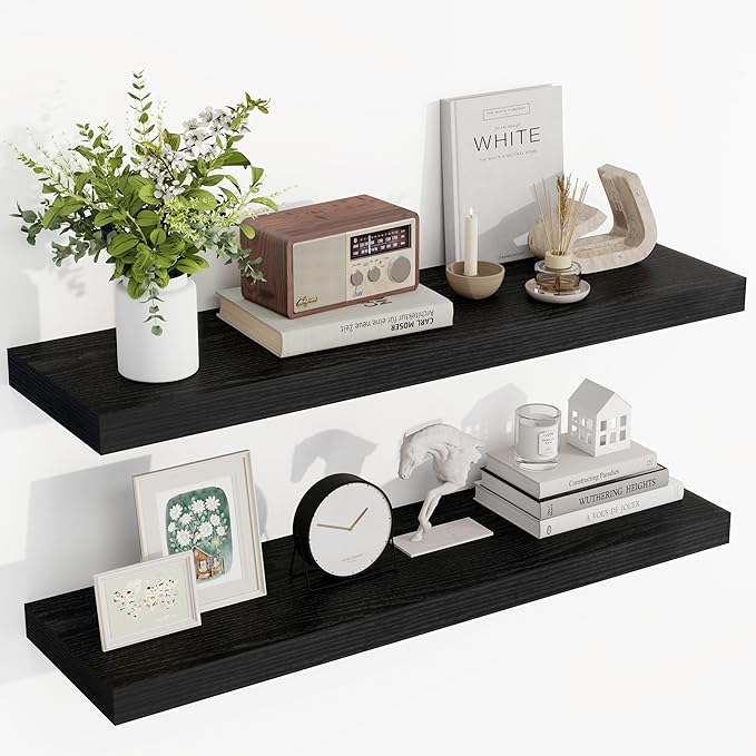 36 Inch Floating Shelves, 36"x9.25"x1.5" Inch Deep Floating Shelves for Wall, Wooden Shelves for Bathroom, Bedroom, Living Room, Black-Ruum Studio Home