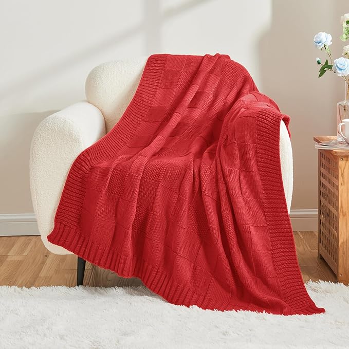 CozeCube Knit Throw Blanket,Christmas Red Checkered Bedroom Blanket for Couch,Soft Cozy Warm Knitted Blanket for Bed Sofa Living Room,Decorative Spring Fall Throw Blanket 60"X80",Christmas Red-Ruum Studio Home