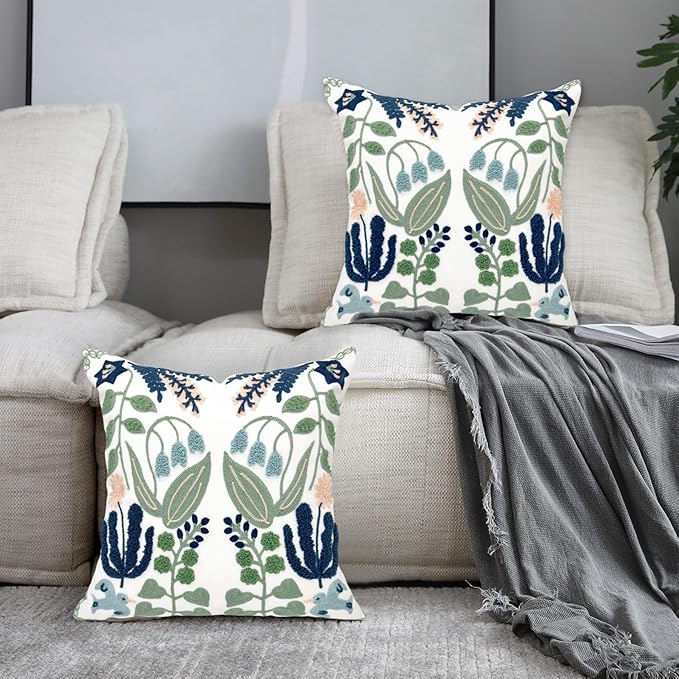 Alysheer Floral Embroidered Summer Decorative Throw Pillow Covers 20"x 20" Set of 2, Farmhouse Cottage Navy Blue Green Flowers Leaves Knit Pattern Cotton Canvas Cushion Case for Couch Bed Living Room-Ruum Studio Home