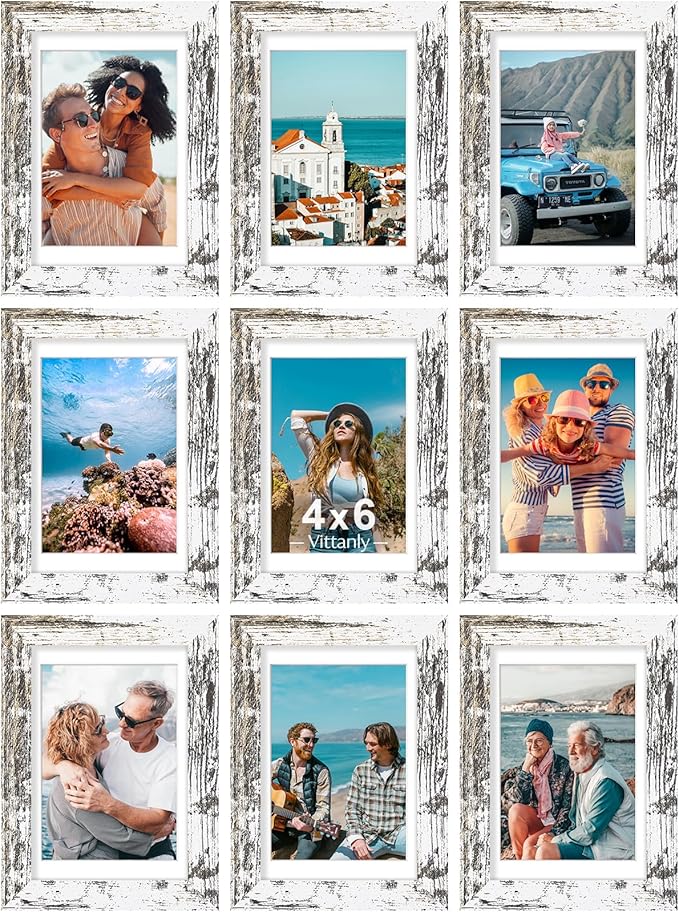 Vittanly 4x6 Picture Frames Set of 9, Shatter Resistant Plexiglass, Display 3.5x5 Pictures with Mat or 4x6 without Mat, Photo Frames for Wall or Tabletop, Engineered Wood, Distressed White-Ruum Studio Home