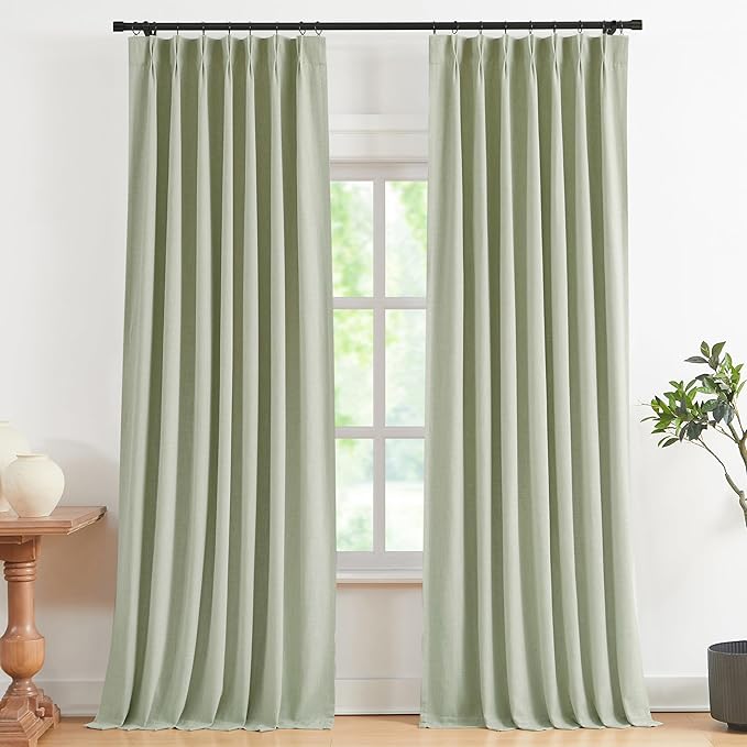 Vision Home Soft Green Pinch Pleated Full Blackout Curtains Linen Blended Room Darkening Curtain Panels 120 inch for Living Room Bedroom Thermal Insulated Pinch Pleat Drapes with Hooks 40" Wx120 Lx2-Ruum Studio Home
