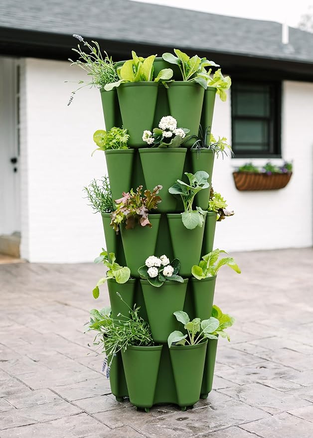 Greenstalk Patented Large 5 Tier Vertical Garden Planter with Patented Internal Watering System Great for Growing a Variety of Strawberries, Vegetables, Herbs, & Flowers (Evergreen)-Ruum Studio Home