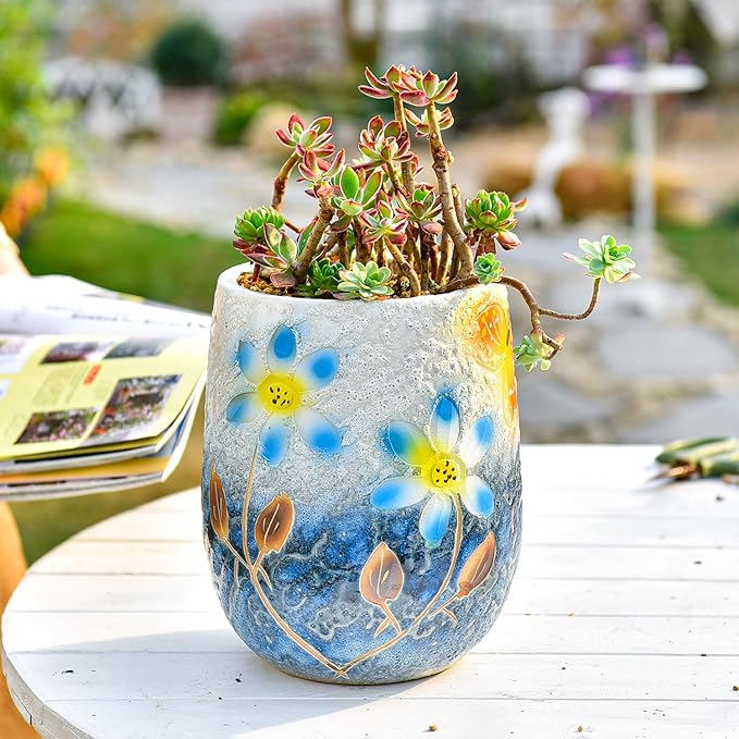 Sungmor 10.6 Inch Ceramic Succulent Plant Pot with Drainage Hole, Hand Painted Flower Pots for Plants, Unique Texture Decorative Planter for Indoor and Outdoor, Pottery Vase for Home Office Decor-Ruum Studio Home