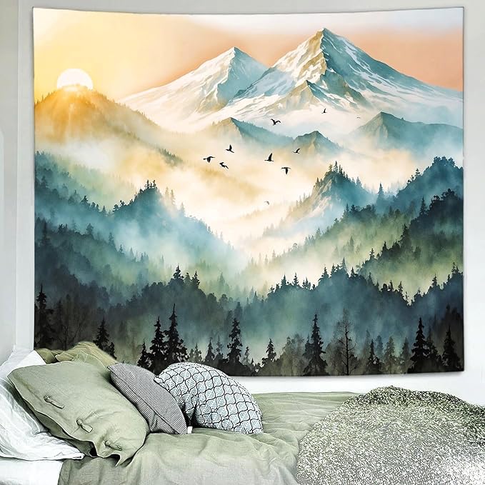 Delur Mountain Tapestry Boho Misty Sunset Forest Tree Tapestry Wall Hanging Sunrise Nature Landscape Psychedelic Headboard for Bedroom Living Room Home Decor (51.2" x 59.1")-Ruum Studio Home