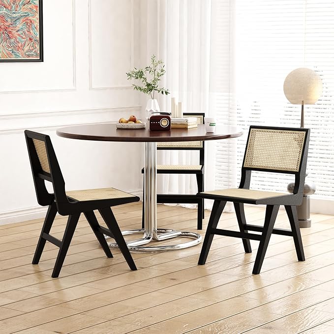 Accent Chair Dining Chairs Set of 2, Solid Wood Frame Boho Rattan Chair, Mid Century Modern Accent Chairs for Living Room Bedroom Dining Room Kitchen(Black)-Ruum Studio Home