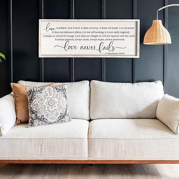 flowtorely Love is Patient, Kind Wall Art Decor 40"X15" Love Never Fails Sign 1 Corinthians 13 Bedroom Above Bed Large Bible Verse Quote Scripture Christianity Hanging Sign (White)-Ruum Studio Home