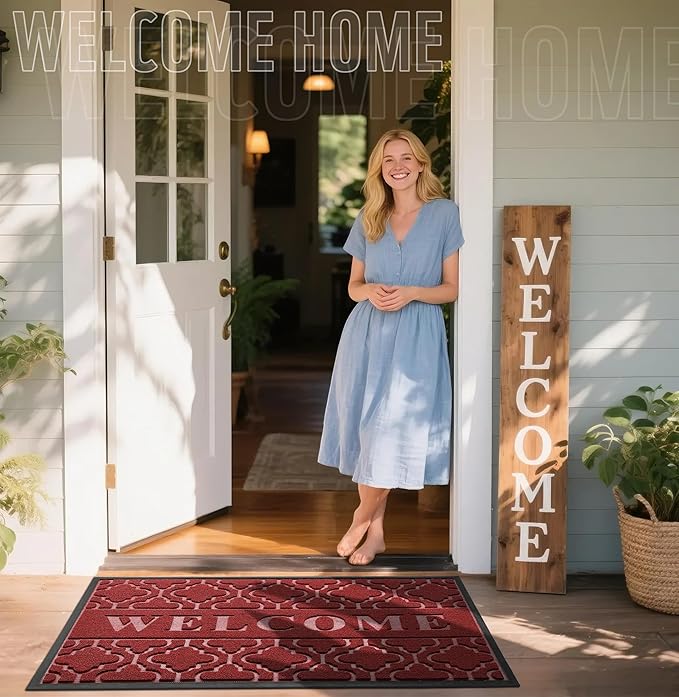 Yimobra Welcome Mat Outdoor Indoor, All-Season Waterproof Front Door Mat Outside Entrance, All-Weather Heavy Duty Non-Slip Doormat, Low Profile Porch Patio Entrance Mats, 47x32, Red-Ruum Studio Home
