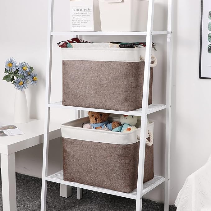 Bidtakay Large Storage Baskets with Handles for Organizing 16" x 11.8" x 11.8" Rustic Shelf Baskets [2-Pack] Foldable Clothes Baskets Fabric Collapsible Bins for Closet (White&Earthy Brown)-Ruum Studio Home