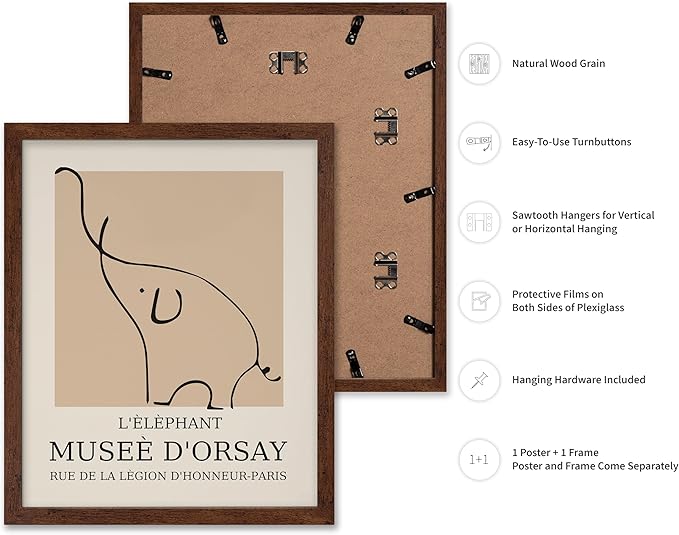Poster Master Vintage Poster - Retro Minimalist Print - Gift for Artist, Housewarming - Elephant, Line Drawing, Sketch, Abstract - Wall Decor for Living Room, Bedroom, 11x14 Brown Framed-Ruum Studio Home