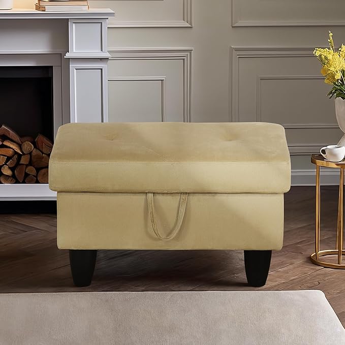 Ottoman Rectangular Storage Ottoman Bench, Flannel Footrest Stool Footstool with Lid for Living Room, Bedroom, Entryway, Light Brown, 28.5"x19"x17.5"-Ruum Studio Home