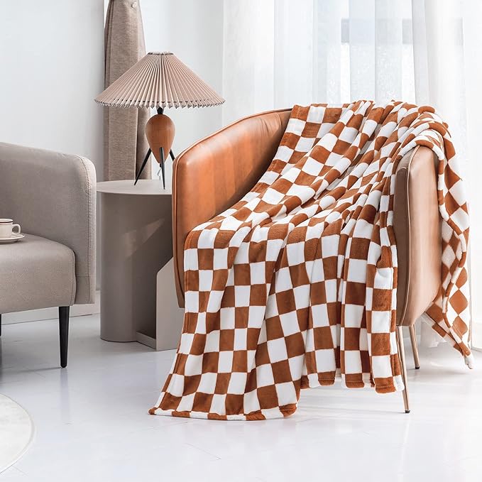 LOMAO Throw Blankets Flannel Blanket with Checkerboard Grid Pattern Soft Throw Blanket for Couch, Bed, Sofa Luxurious Warm and Cozy for All Seasons (Maple Brown, 50"x60")-Ruum Studio Home