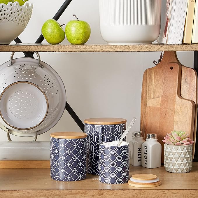 DII Kitchen Ceramics Collection, Canister Set, Mixed Print, Nautical Blue, 3 Piece-Ruum Studio Home