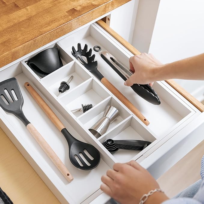 Adjustable Kitchen Drawer Organizer for Utensils and Junk, Food-Safe Contract Grade with 100% Sustainable Wood, Expandable from 16 to 28 Inches Wide - White Bamboo-Ruum Studio Home