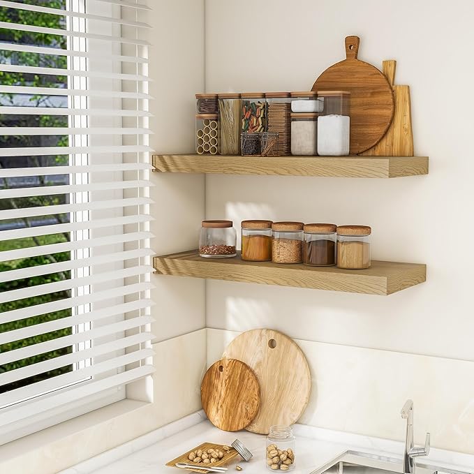 RICHFOCUS 36Inch Floating Shelves for Wall 2 Pack Shelves for Bedroom|Kitchen|Bathroom Wall Mounted Rustic Wood Floating Shelf with Invisible Brackets for Books|Storage|Decor, Oak-Ruum Studio Home
