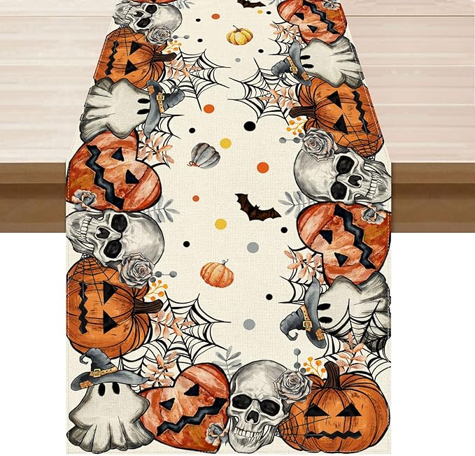 XCHI Spooky Skeleton Ghost Pumpkin Halloween Table Runner Party Table Decoration for Home Kitchen Dining Holiday Decor 13x72 Inch-Ruum Studio Home