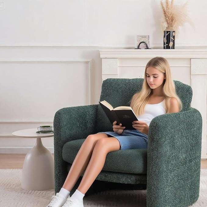 Chenille Accent Armchair Oversize Upholstered Barrel Comfy Modern Round Lounge Sofa Chair with Pillow Cozy Reading Chairs for Apartment,Office,Living Room,Dining,Makeup,Club,Green 2SET-Ruum Studio Home