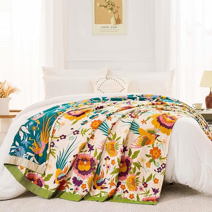 Boho Throw Blanket for Bed, 100% Cotton Soft Rustic Quilt Fall Blanket, 80" 90" Floral Printed Farmhouse Decor Bed Blankets, All Season Rustic Reversible Bohemian Throw Quilt-Ruum Studio Home