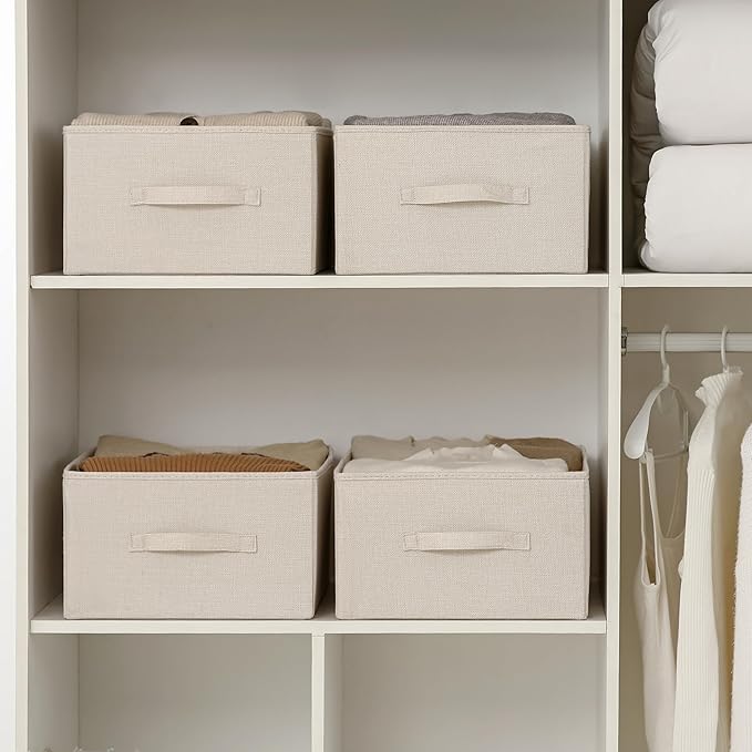 Linen Folding Storage Bins, 3 Pack Large Storage Baskets, Washable, Clothing Storage Bins with Handle, Closet Organizer for Storage Sweater,Sheets(Beige, 18½"x13½"x8½")-Ruum Studio Home