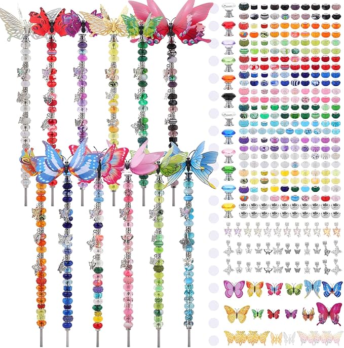 380pcs Beaded Garden Stake, DIY Butterfly Fairy Wand Garden Stake Kit with 10IN Threaded Rod Crystal Stopper Top Large Holes Beads Butterfly Decoration Pendants Outdoor Fairy Garden kit-Ruum Studio Home