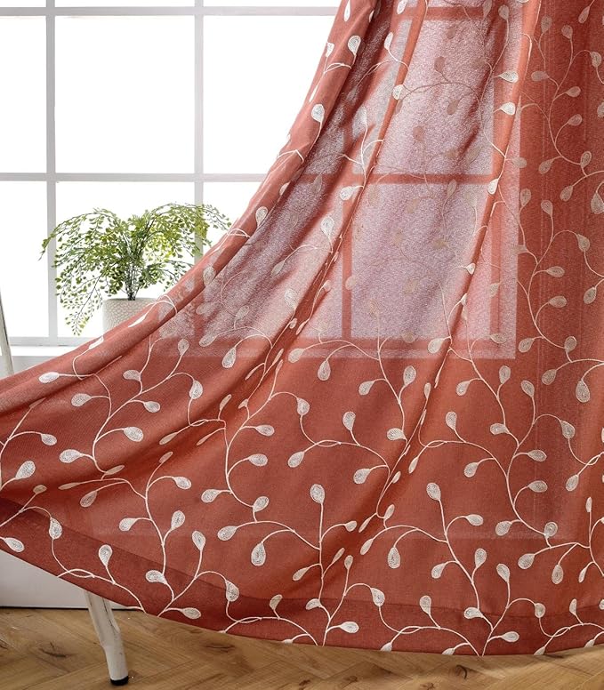 MIUCO Floral Embroidery Semi Sheer Curtains Faux Linen Grommet Curtain Panels for Kids Room 52 x 84 Inch 2 Panels, Rust-Ruum Studio Home