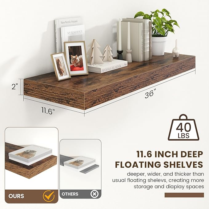 Deep Floating Shelves for Wall | 36 Inch Wide x 12 Inch Deep Floating Shelves | 36W x 12D Rustic Wood Wide Wall Shelves | Bookshelf Laundry Shelf TV Shelf-Ruum Studio Home