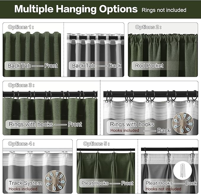 RAIN CITY 2 PCs Olive Green Linen Blackout Curtains 84 Inch Long for Living Room,Pinch Pleated Drape with Hooks Back Tab Boho Decor, Olive Forest Loden Full Black Out Curtains for Bedroom-Ruum Studio Home