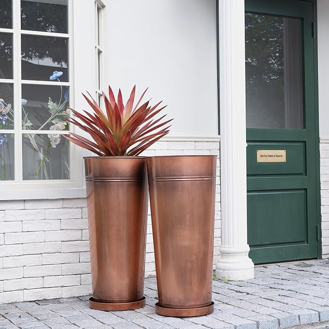 28in Tall Antique Copper Metal Vintage Planter Set of 2,Galvanized Steel Planter Pots for porches/Indoor/Outdoor/terraces Patio- Copper Color(2planters,2inner pots with Holes, 2trays)-Ruum Studio Home