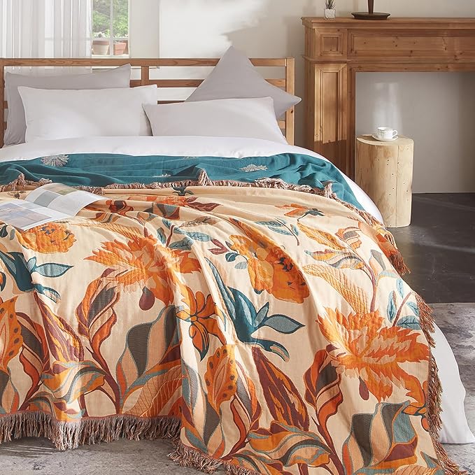 Boho Throw Blanket for Couch Sofa Bed, 100% Cotton Woven Quilt with Tassel 80”x90”, Super Soft Muslin Blanket with Floral Printed, Decorative Reversible Bed Blanket/Cover for All Seasons-Ruum Studio Home