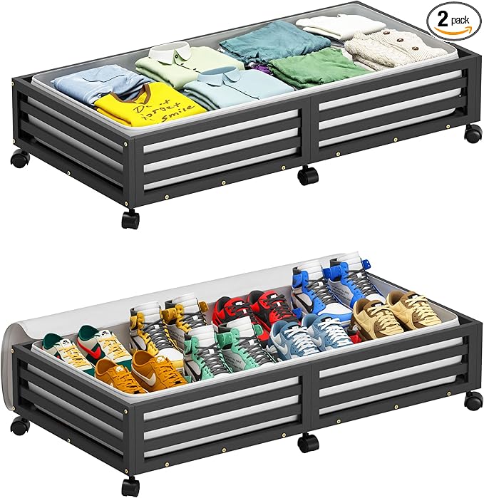 Bamboo Under Bed Storage Containers- Underbed Organizer with Wheels with Large Dust Bag,Sturdy Wood Rolling Under the Bed Shoe Storage Organizer Drawer 2 Packs (Black, Long)-Ruum Studio Home