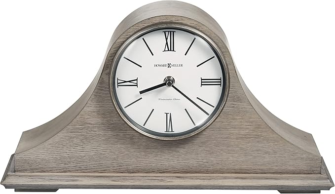 Howard Miller Lakeside Mantel Clock, Triangular Burl Overlays Gray Finish Sturdy Wooden Material, Vintage Analog Dial Roman Numerals with Black Bar Style Idle Timepiece for Office & Home Decor-Ruum Studio Home