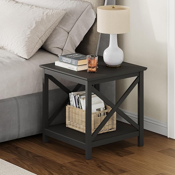 ChooChoo End Table, 24 Inch End Table with 2-Tier Storage Shelf, Side Table for Living Room, Wood Nightstand for Bedroom, Office, Painted Surface, Black-Ruum Studio Home