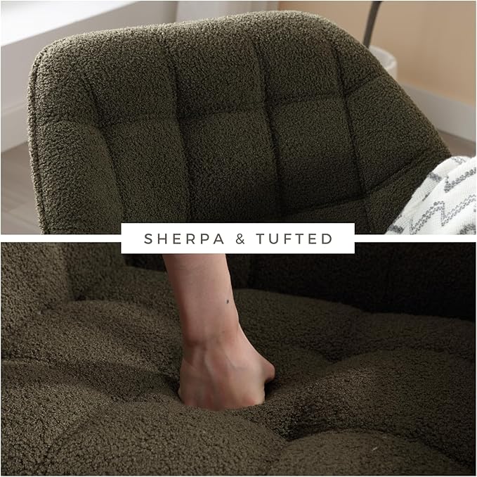 Modern Sherpa Accent Chair with Ottoman Set of 2, Fluffy Upholstered Lounge Chair with Footrest, Comfy Living Room Side Boucle Armchair for Small Space Bedroom, Green-Ruum Studio Home