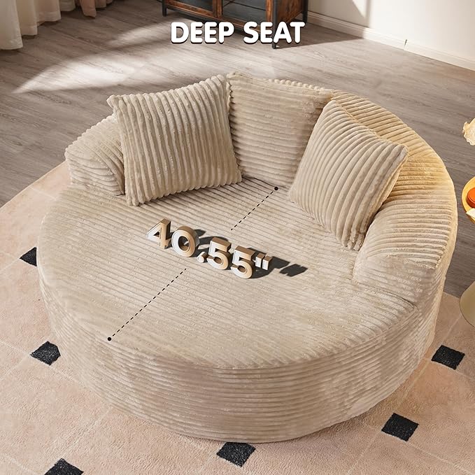 ovios 58" Oversized Round Chair Lounge Chaise Indoor, No Assembly Required, Cloud Large Circle Chair with Plush Fuax Fur, Fluffy Modern Sleeper Sofa Bed for Reading Yoga, Beige (Plush Corduroy Fabric)-Ruum Studio Home