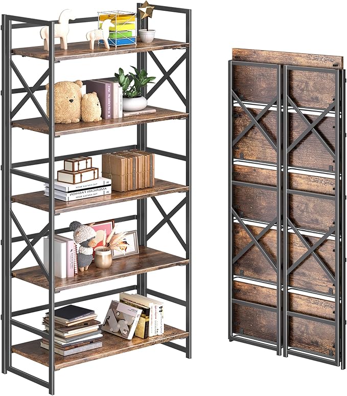 4NM 5 Tiers No Assembly Book Shelves, 51.2" H Folding Bookshelf Bookcase Open Industrial Foldable Shelves for Bedroom, Living Room, Home Office - Rustic Brown Black-Ruum Studio Home