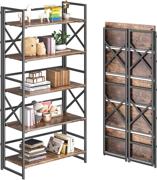 4NM 5 Tiers No Assembly Book Shelves, 51.2" H Folding Bookshelf Bookcase Open Industrial Foldable Shelves for Bedroom, Living Room, Home Office - Rustic Brown Black-Ruum Studio Home