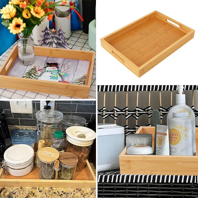 3 Pack Large Bamboo Serving Tray with Handles, 14 x 10 inch Wooden Dinner Tray, Home Kitchen Breakfast Trays for Living Room Bedroom Kitchen Dinner Table, Picnic-Ruum Studio Home