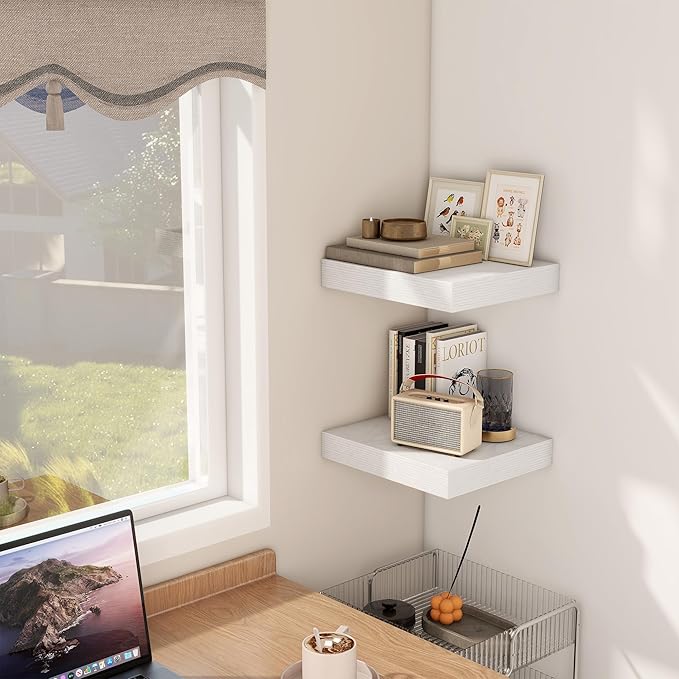 Fun Memories 12 Inch Floating Shelf, Rustic Wood Wall Shelves for Wall Decor & Storage, 12 x 12 Floating Shelf for Living Room, Bathroom, Bedroom, White, Set of 2-Ruum Studio Home