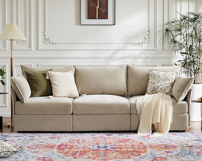 102.6" Modular Sectional Sofa, Oversized 3-Seater Couch with Removable Beige Chenille Fabric Cover, Deep Seat & High Backrest for Living Room, Office & Apartment-Ruum Studio Home